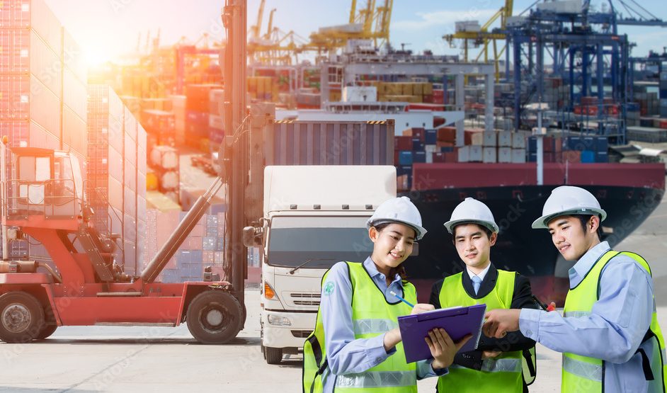 Logistics workers and cargo port
